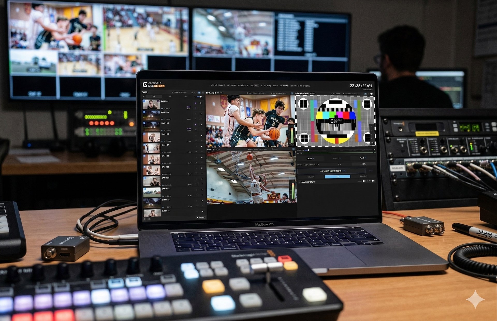 Broadcast control room with GLENDALE LIVE Replay running on MacBook Pro